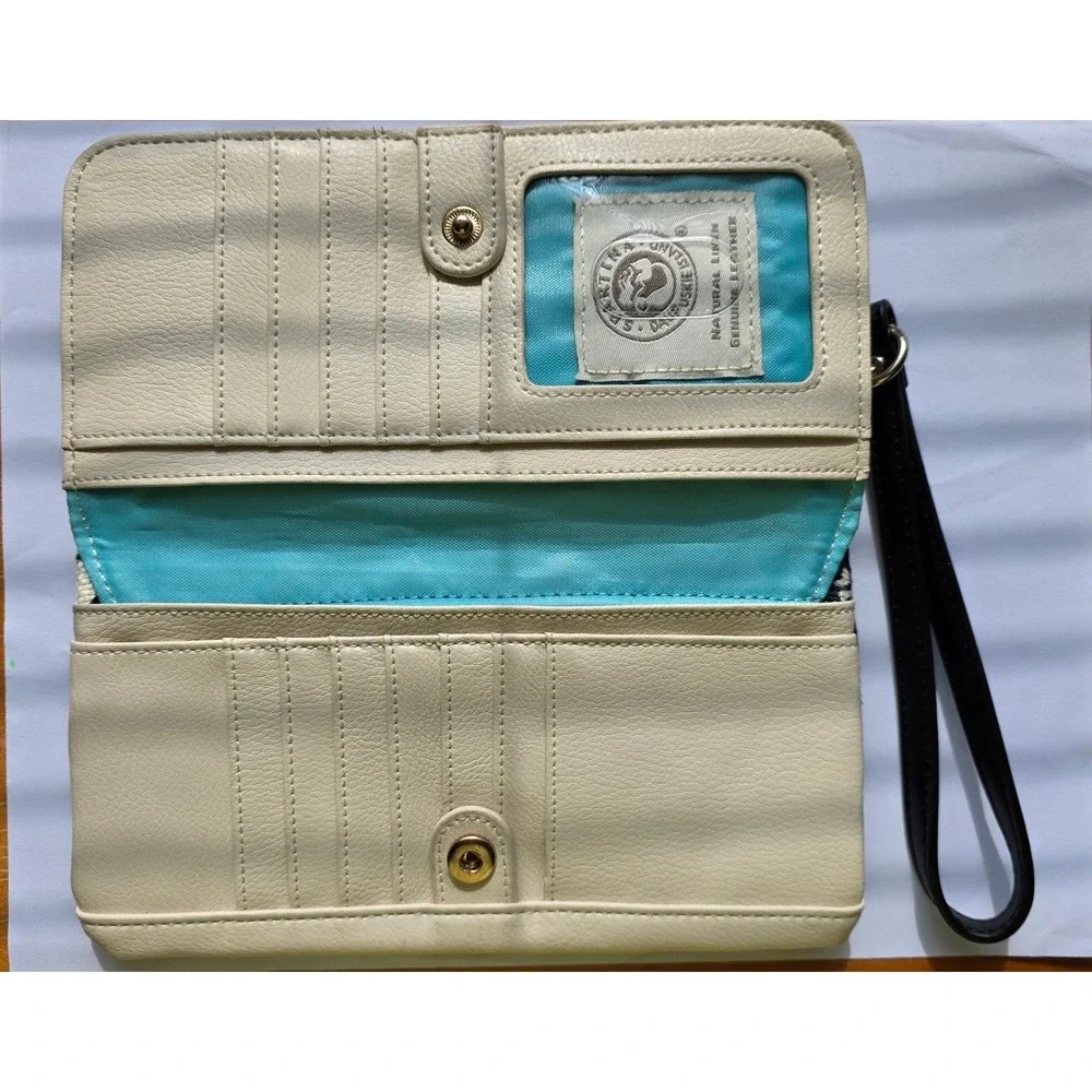 Spartina 449 Floral Wristlet Wallet Black Cream Linen Leather Turquoise Interior